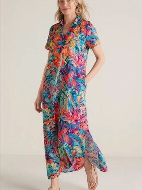 Soft Surroundings Florence Tropical Print Maxi Shirt Dress Size Medium Colorful